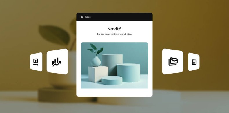 illustrazione astratta di una newsletter con attorno icone che rappresentano guadagni, crescita e investimenti