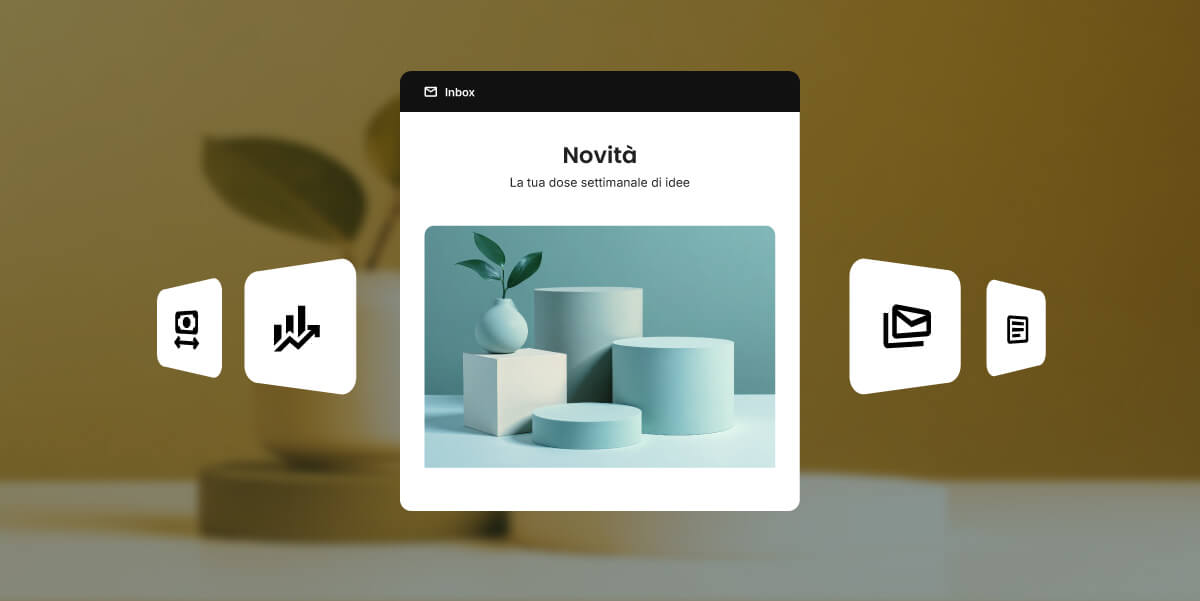 illustrazione astratta di una newsletter con attorno icone che rappresentano guadagni, crescita e investimenti