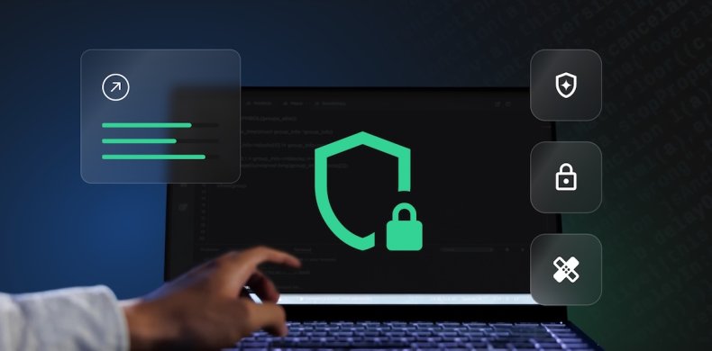 Uno sviluppatore lavora su un computer portatile che mostra il codice sorgente del kernel con icone di sicurezza tra cui uno scudo un lucchetto e un simbolo di patch sovrapposti in verde