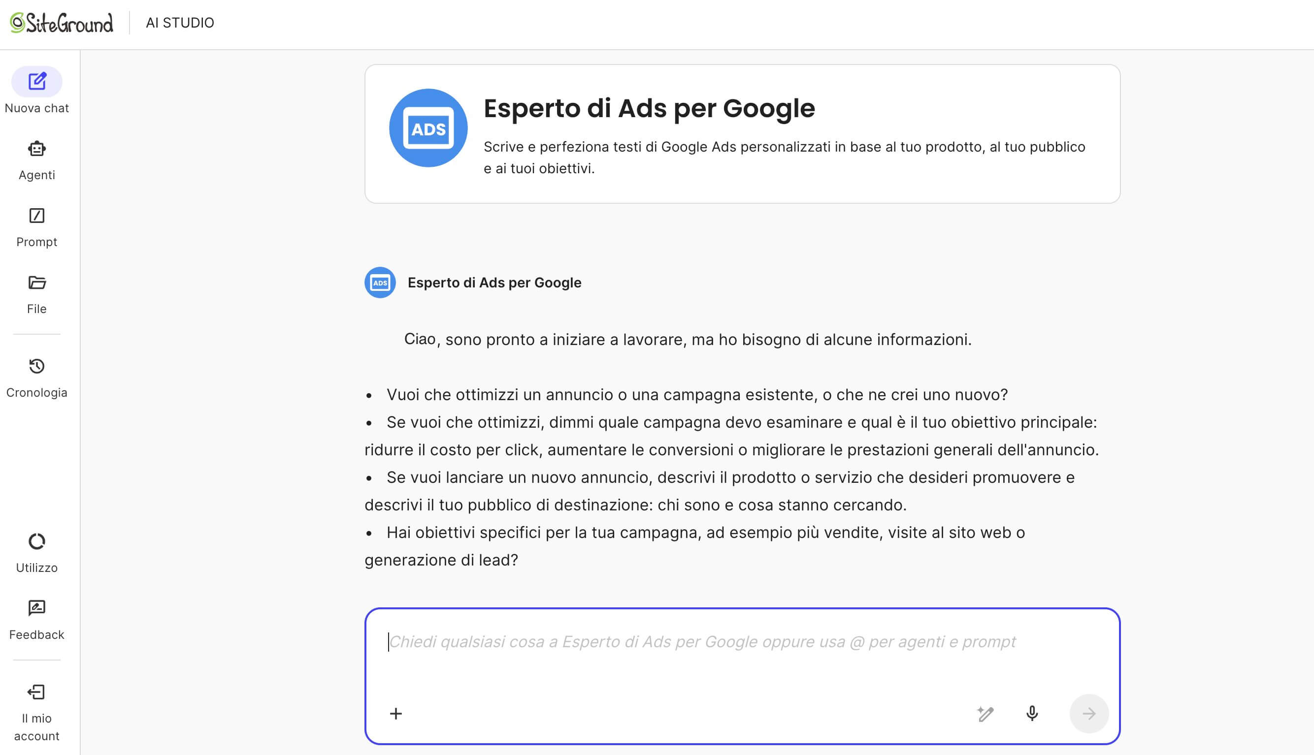 screenshot della chat dell'Agente Esperto di Ads per Google di AI Studio