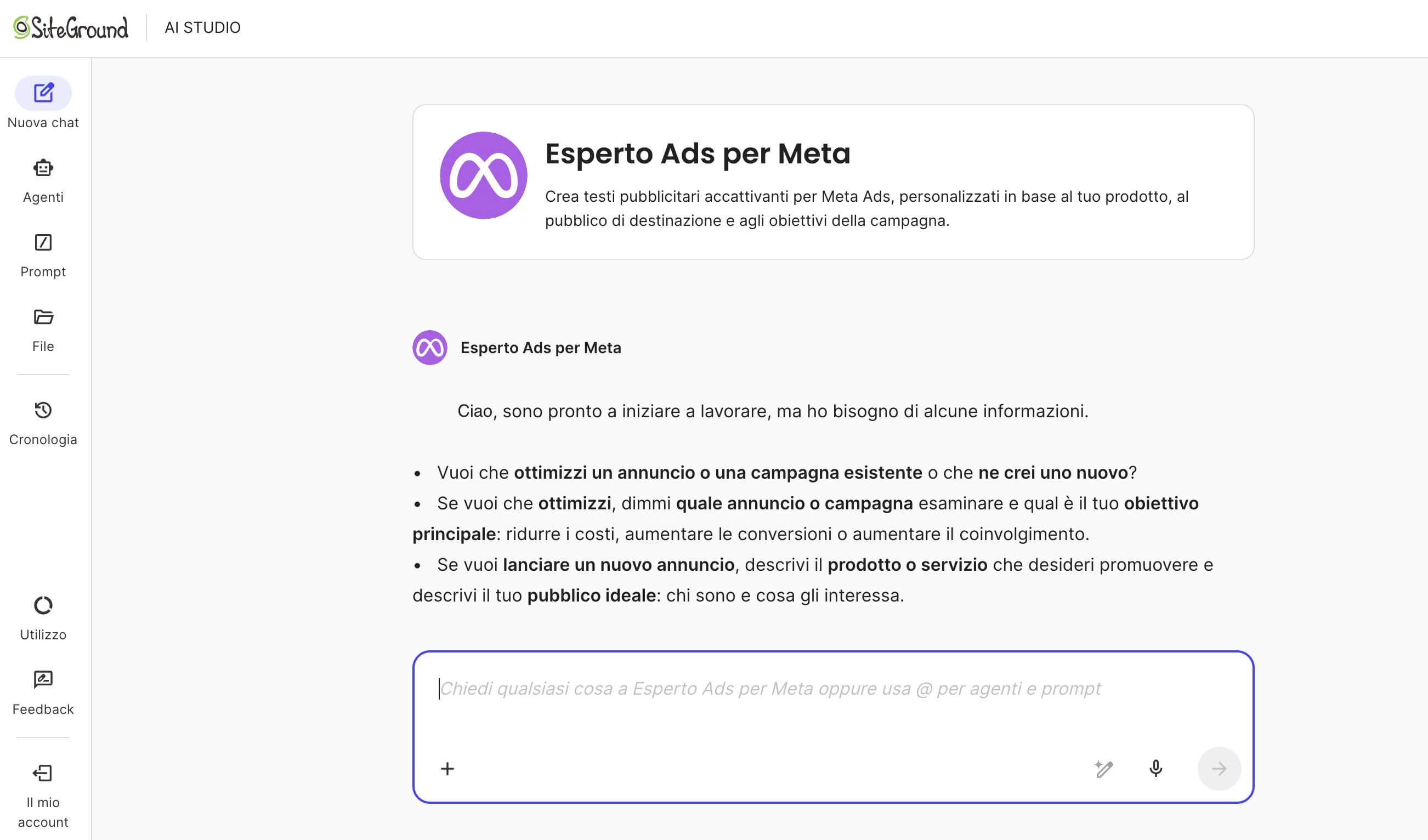 screenshot della chat dell'Agente Esperto di Ads per Meta di AI Studio