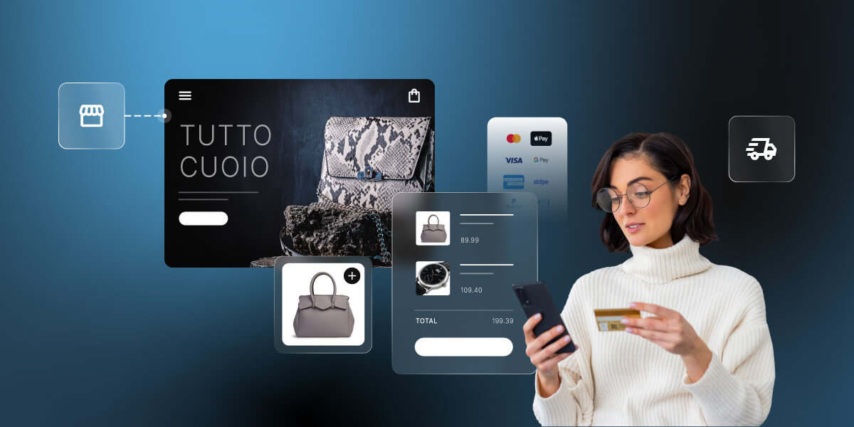 illustrazione astratta di un'imprenditrice alle prese con un sito b2c ecommerce
