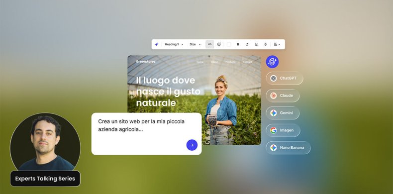 illustrazione astratta di un sito web per un'azienda agricola creato con vibe coding. Un'etichetta con la foto di Nacho Marquez indica "Experts Talking Series"