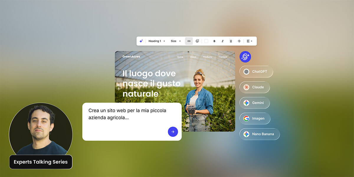 illustrazione astratta di un sito web per un'azienda agricola creato con vibe coding. Un'etichetta con la foto di Nacho Marquez indica "Experts Talking Series"