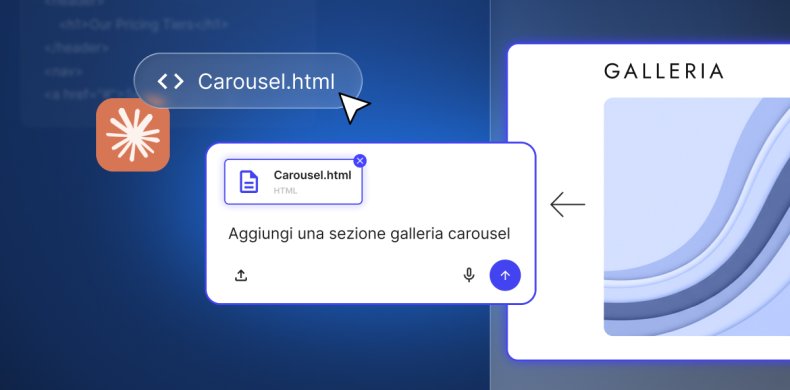 Interfaccia di Coderick AI: si carica il file Carousel.html con l'istruzione di aggiungere una sezione galleria carousel a un progetto.