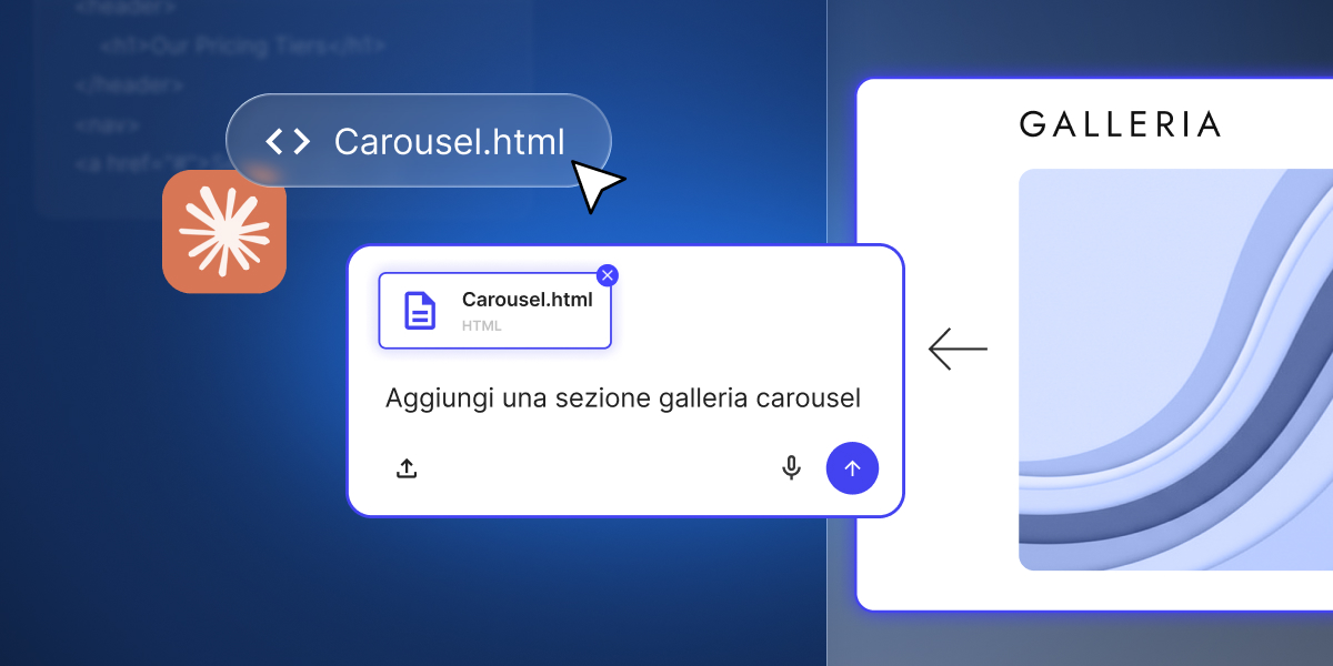 Interfaccia di Coderick AI: si carica il file Carousel.html con l'istruzione di aggiungere una sezione galleria carousel a un progetto.
