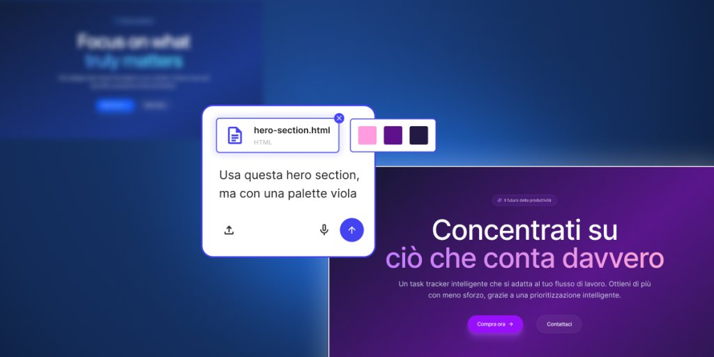 Interfaccia di Coderick AI: si carica il file hero-section.html e si applica una palette di colori viola alla sezione hero.