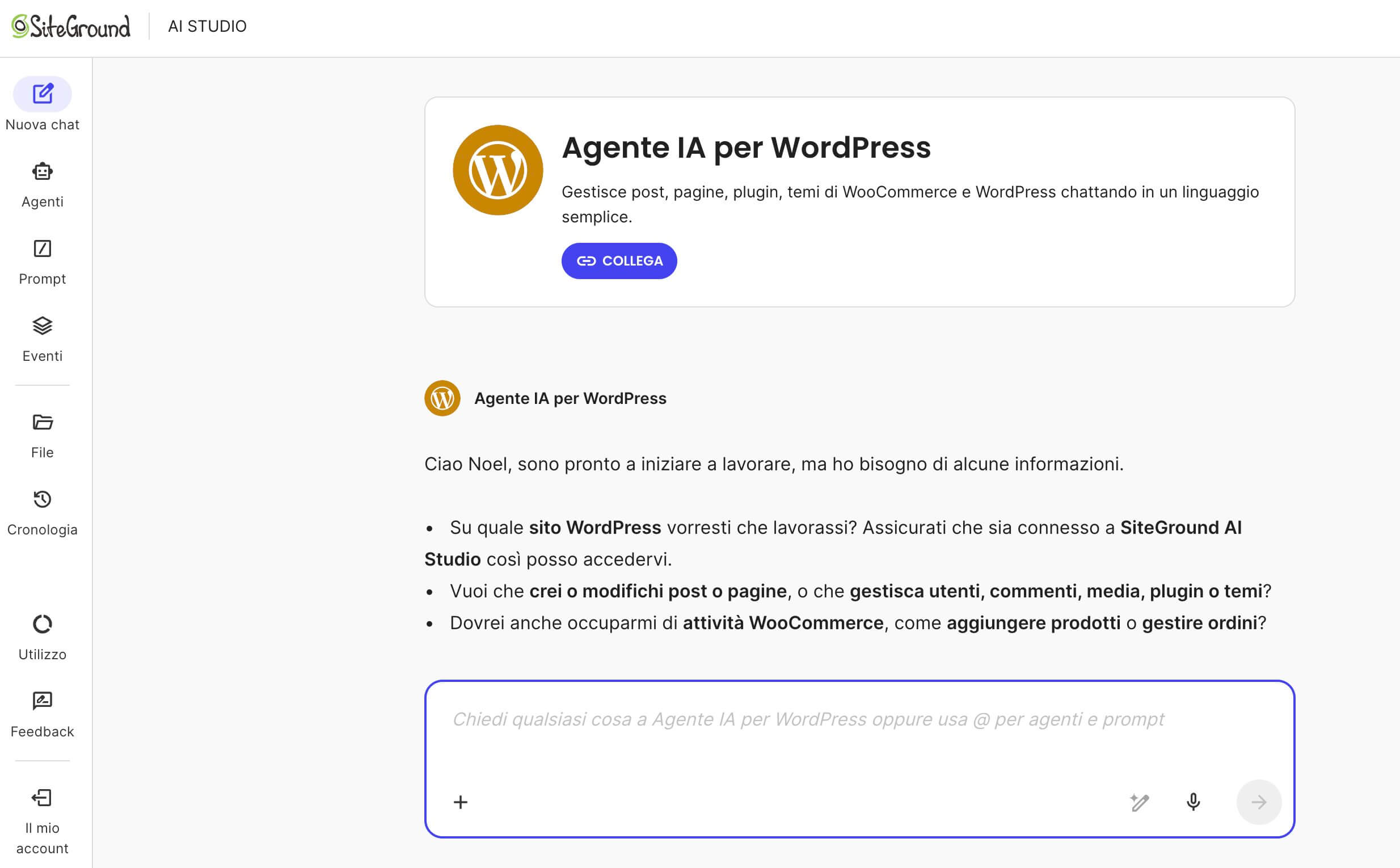 screenshot della chat dell'Agente IA per WordPress su SiteGround AI Studio