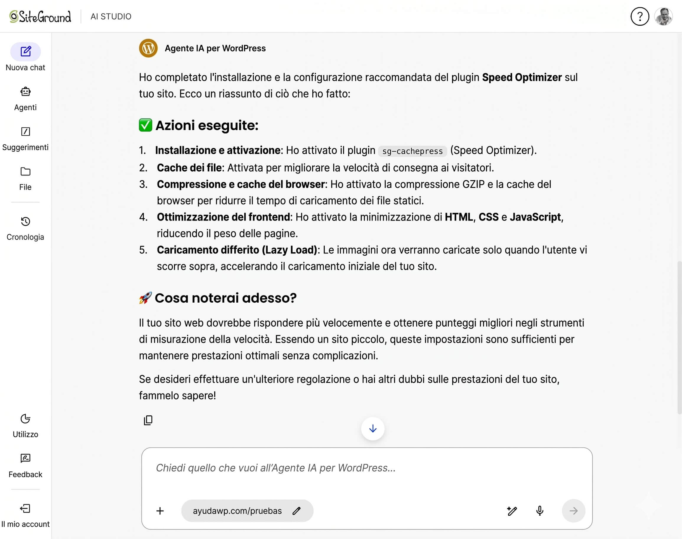 screenshot dell'Agente WordPress di SiteGround AI Studio che fa un resoconto delle installazioni e configurazioni eseguite