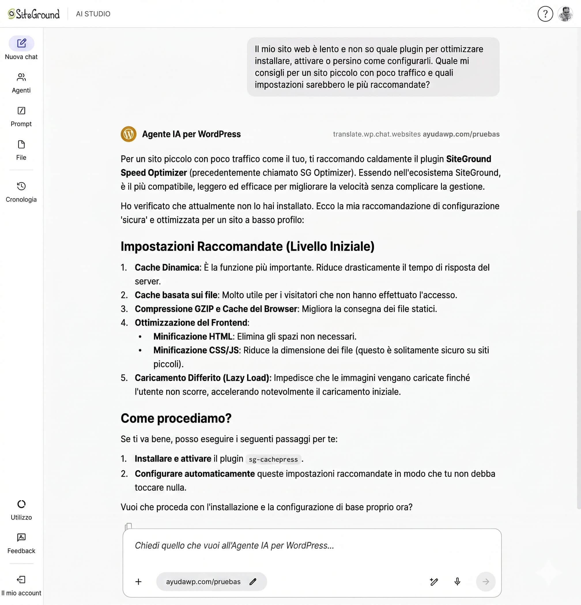 screenshot dell'Agente WordPress di SiteGround AI Studio che suggerisce impostazioni per un sito da ottimizzare