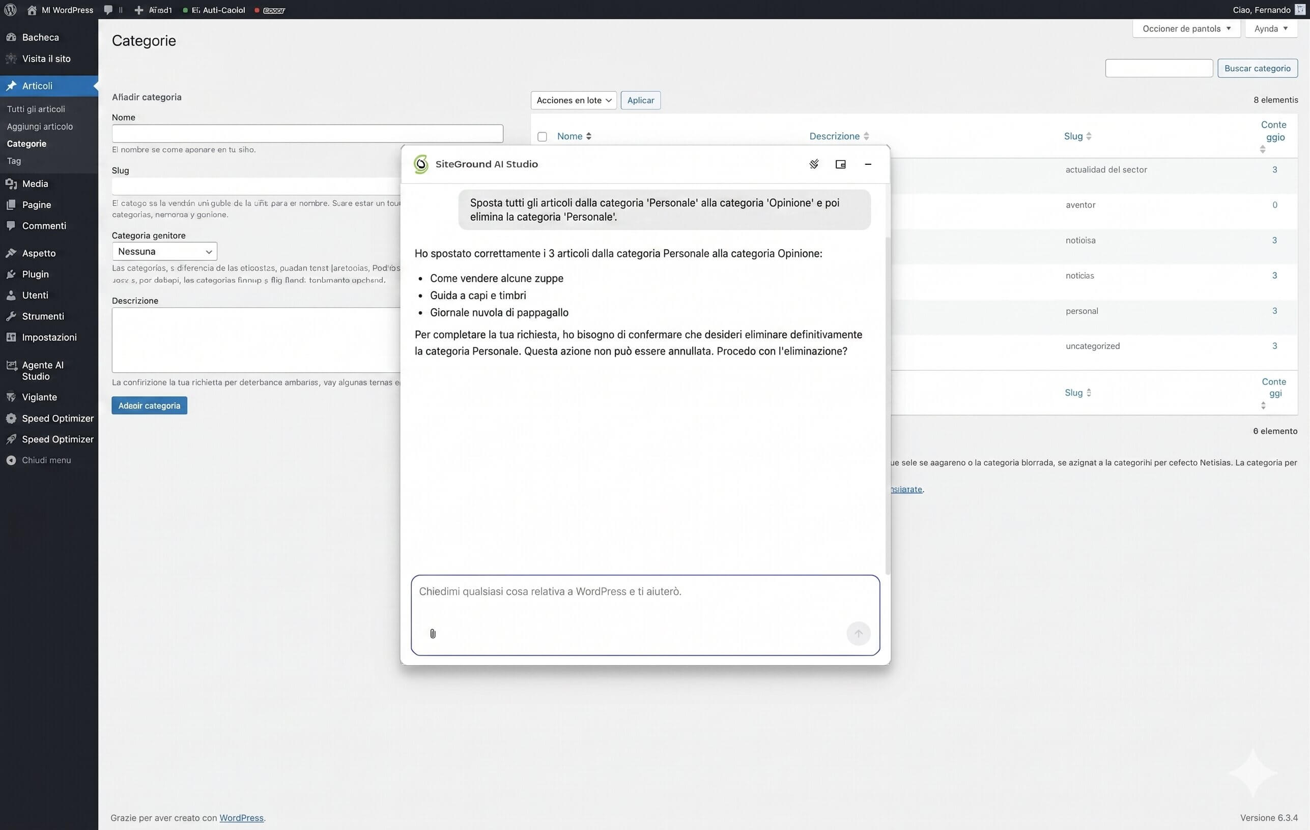 screenshot del plugin SiteGround AI Studio che fa modifiche alel categorie di un sito direttamente dalla bacheca WordPress