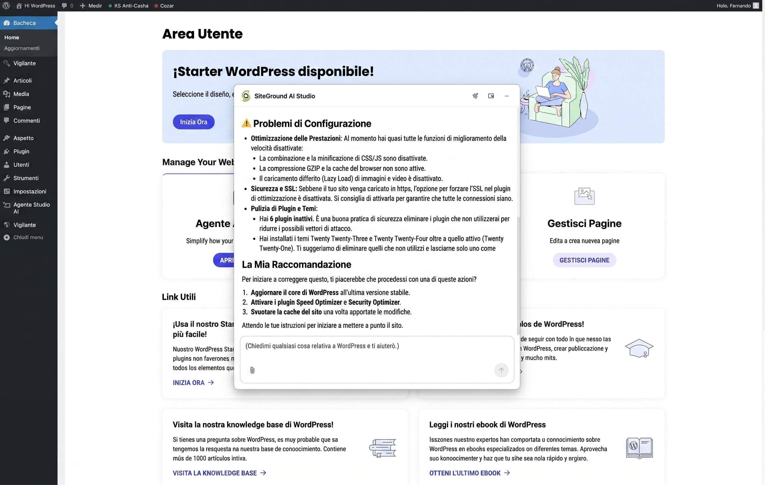 screenshot del plugin SiteGround AI Studio che diagnostica problemi di configurazione nella bacheca WordPress