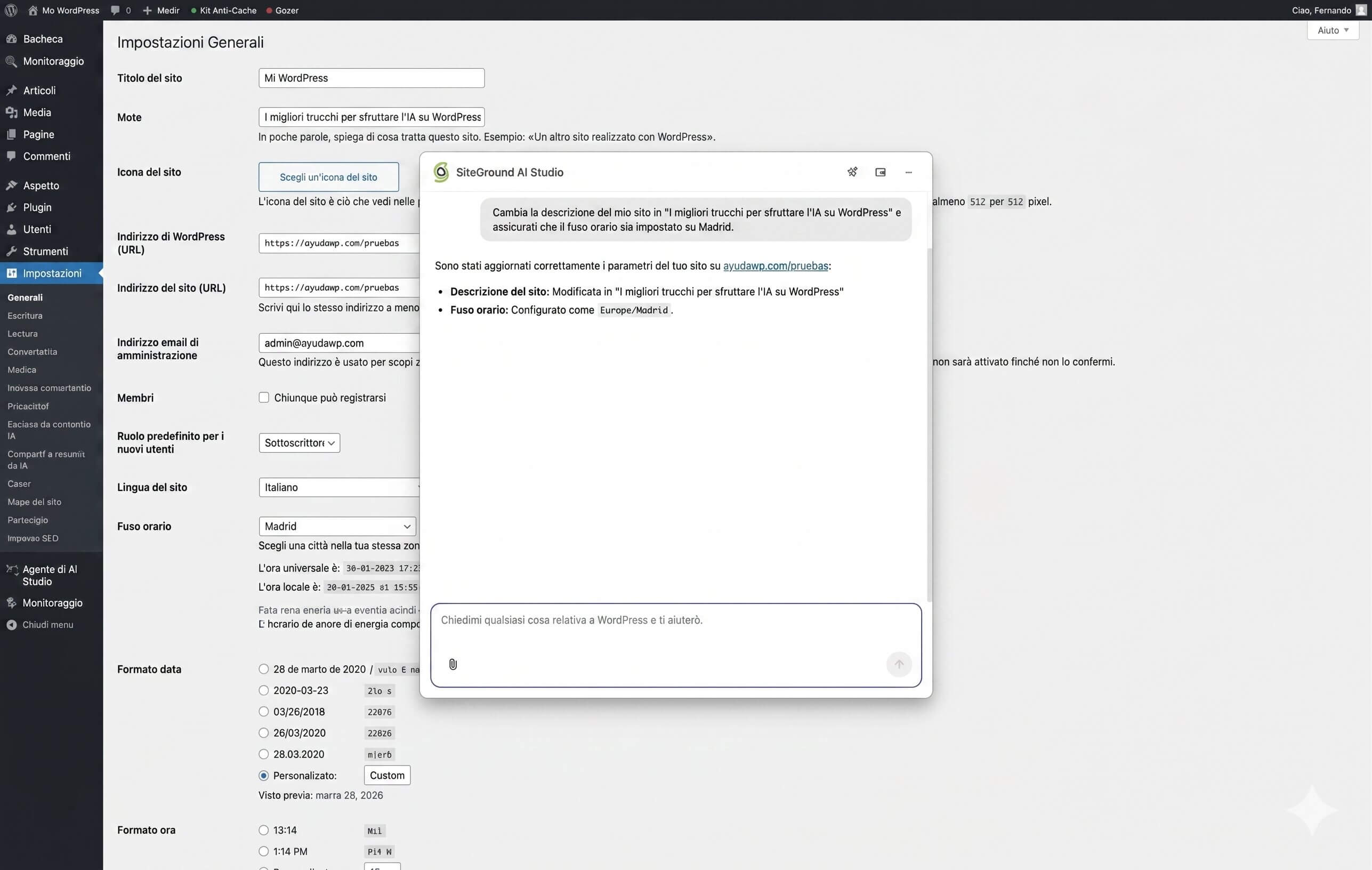 screenshot del plugin SiteGround AI Studio che cambia l'orario del sito direttamente dalla bacheca WordPress