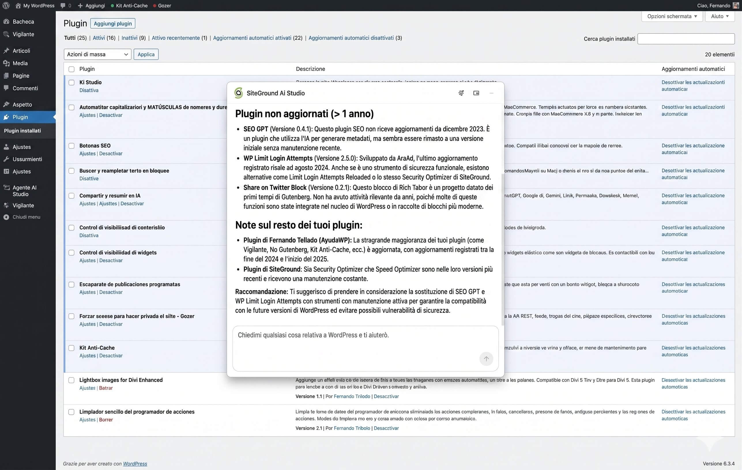 screenshot del plugin SiteGround AI Studio che analizza i plugin non aggiornati dalla bacheca WordPress