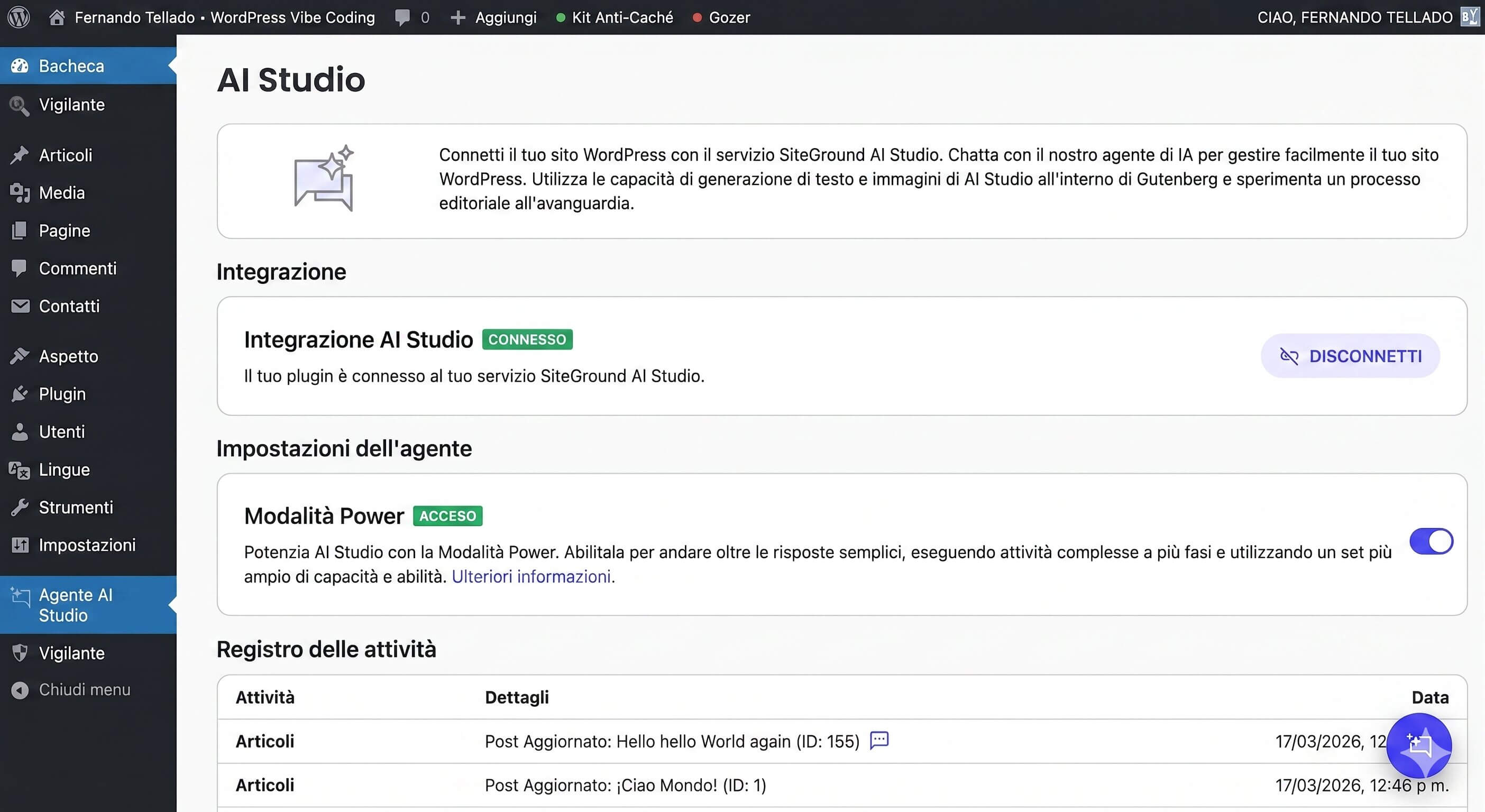 screenshot delle impostazioni "Modalità Power" del plugin SiteGround AI Studio nella bacheca WordPress