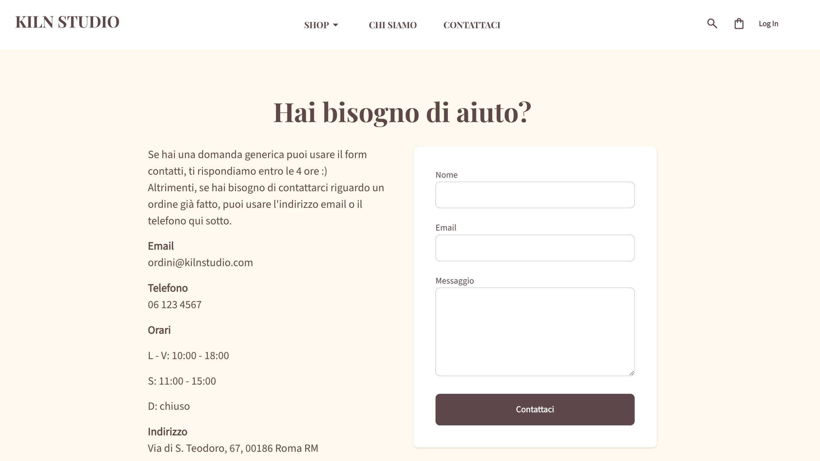 esempio di una pagina contatti di uno studio di ceramiche. la pagina mostra una mail di contatto, un telefono, gli orario e un indirizzo fisico assieme al formulario di contatto