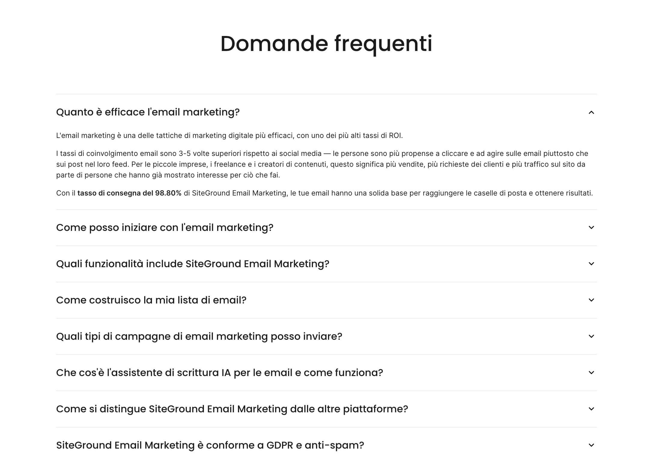 esempio della pagina FAQ dell'email marketing di SiteGround