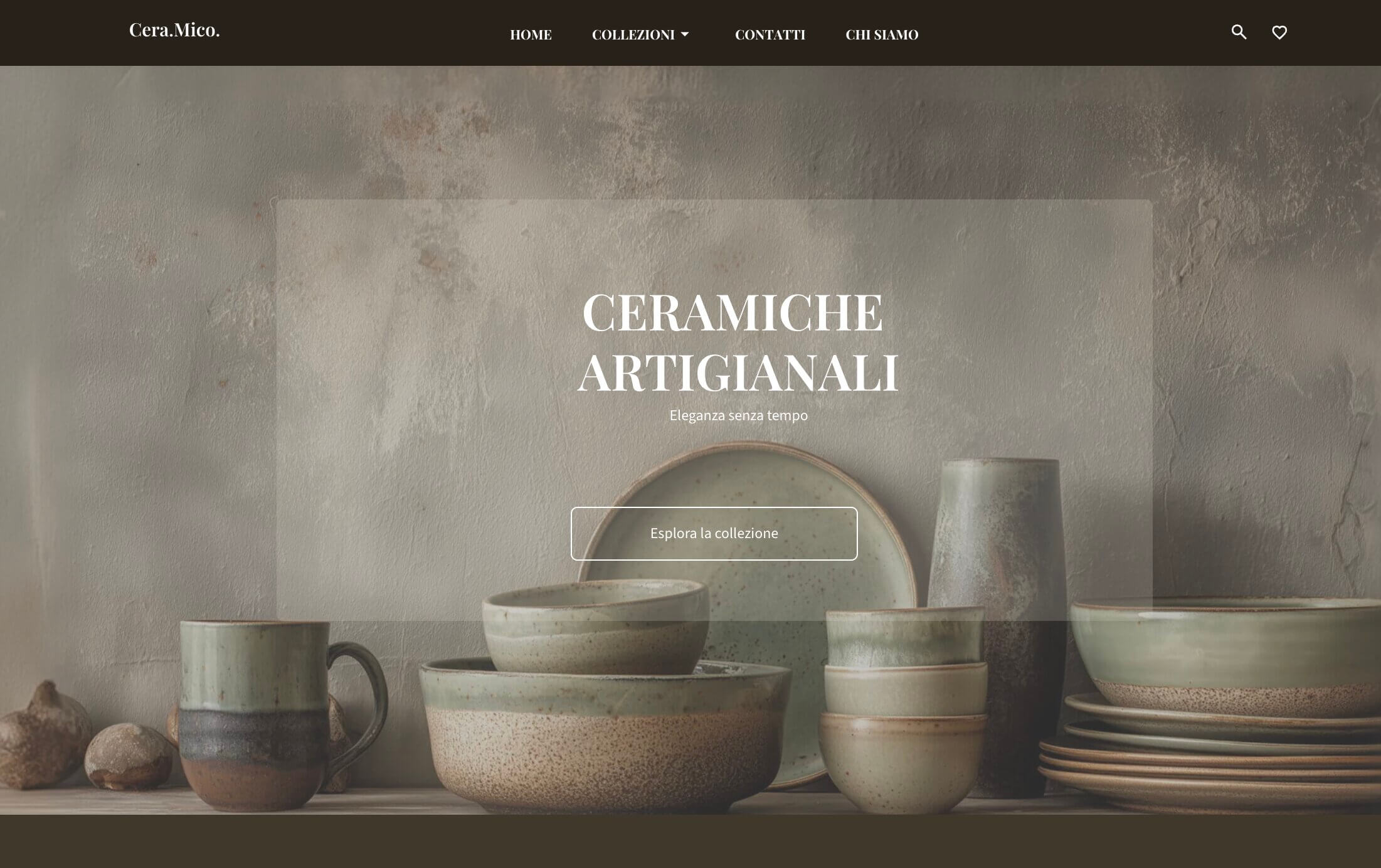 esempio di una homepage di un negozio di ceramiche artigianali con una CTA centrale a esplorare le collezioni e un menu visibile in alto