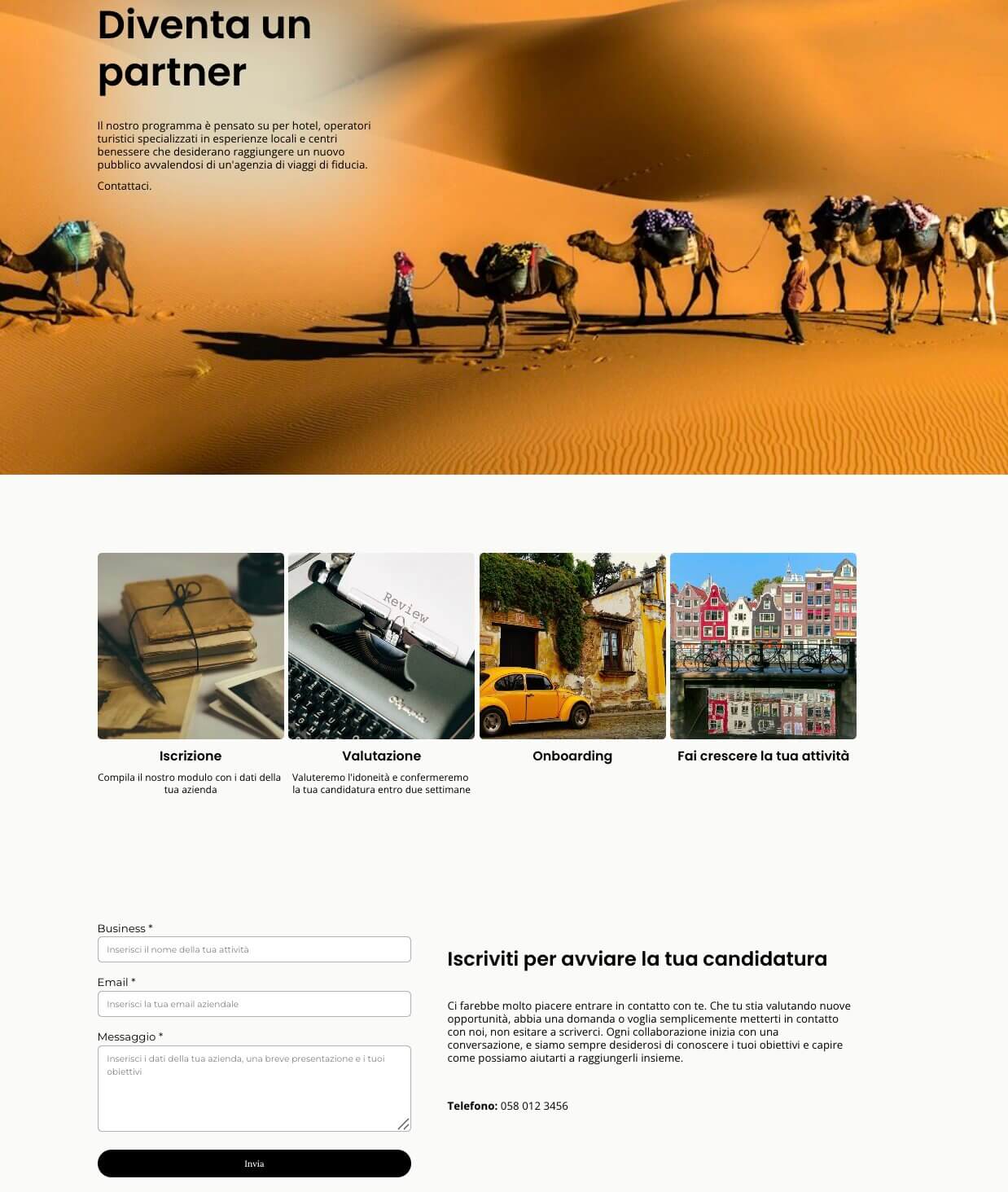 esempio di una pagina partner di un'agenzia viaggi, con un modulo d'iscrizione e istruzioni per iscriversi e diventare partner dell'agenzia