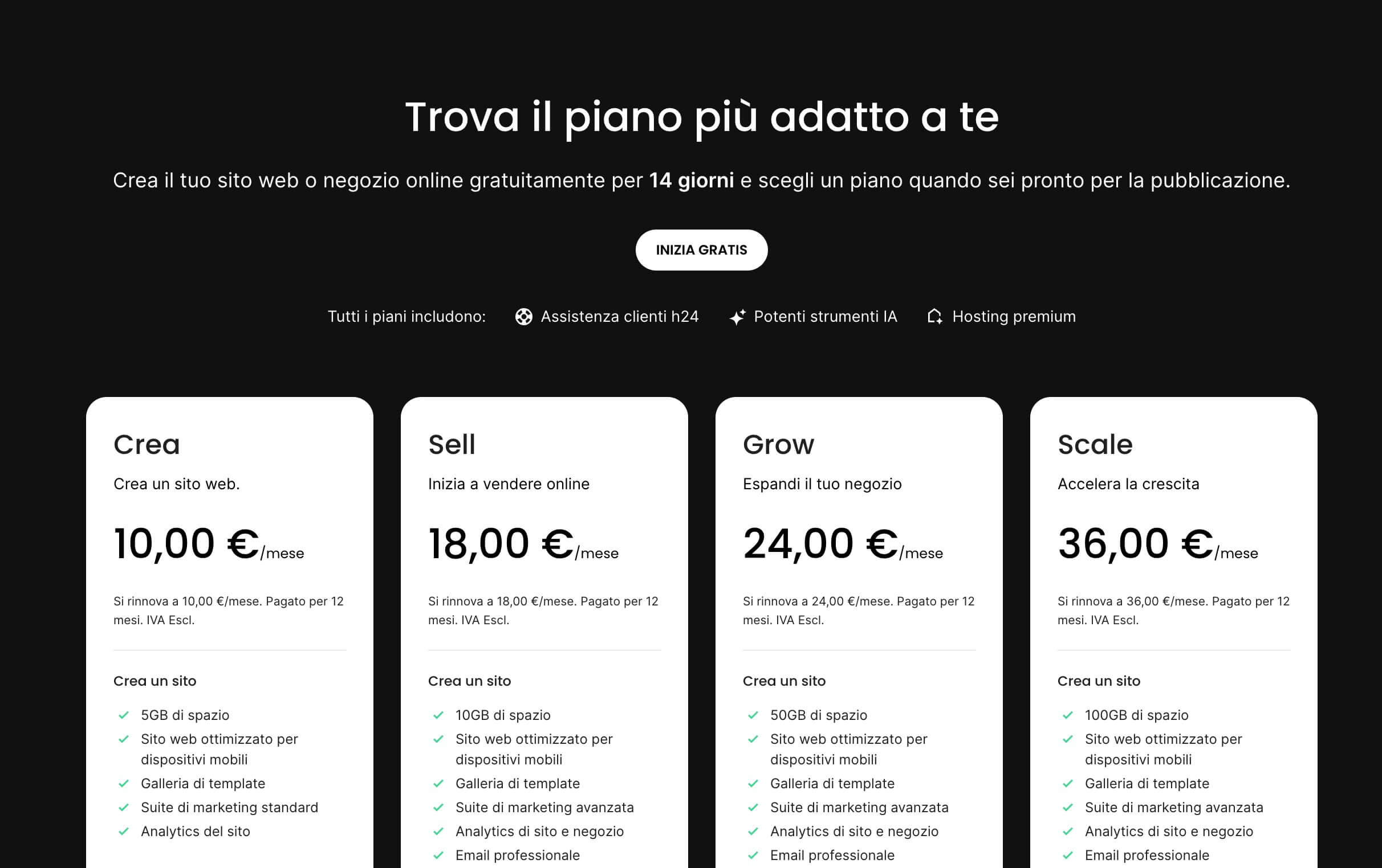 esempio della pagina prezzi del Website Builder di SiteGround