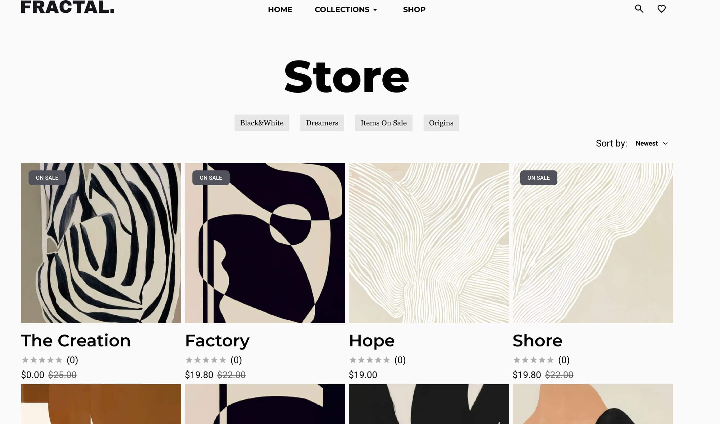 esempio di una pagina elenco prodotti di uno store online di arte. I pezzi sono mostrati a griglia, con nomi, recensioni e prezzi visibili