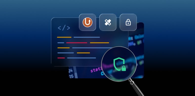 Illustrazione sulla sicurezza di SiteGround che mostra codice, icone di plugin e uno scudo sotto una lente d’ingrandimento.
