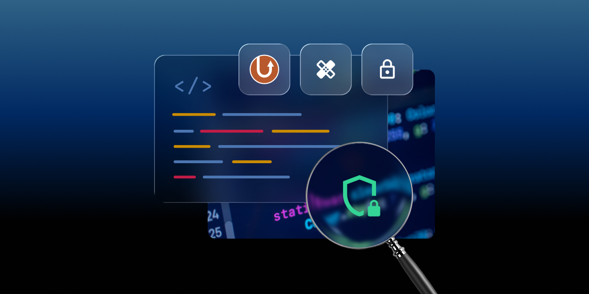 Illustrazione sulla sicurezza di SiteGround che mostra codice, icone di plugin e uno scudo sotto una lente d’ingrandimento.