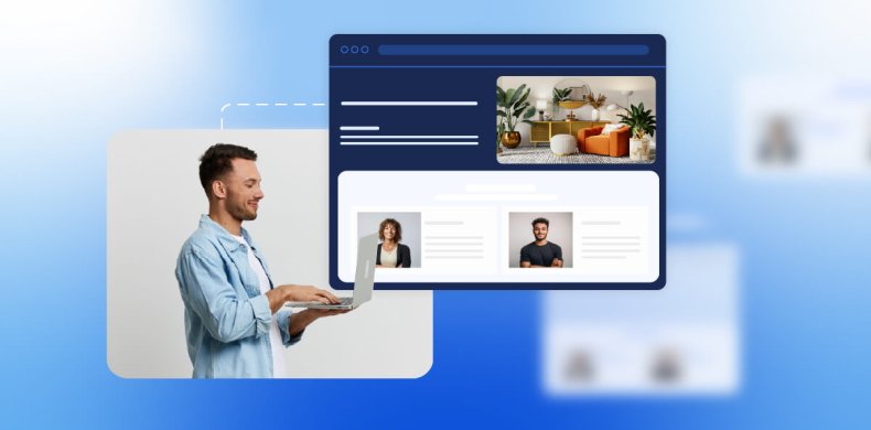 illustrazione astratta di un utente con laptop che costruisce una homepage