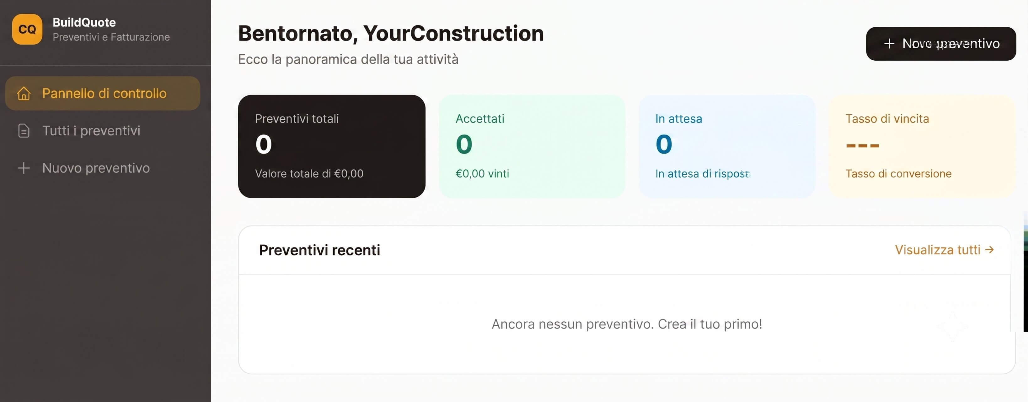 esempio di dashboard di preventivi e stime creata con Coderick AI