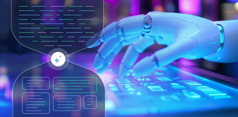 illustrazione astratta di un robot che fa una ricerca su internet appoggiandosi ad un LLM