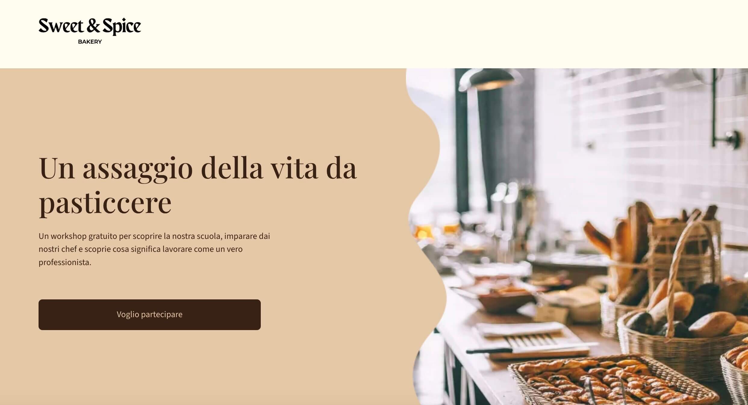 landing page di una scuola di pasticceria che invita gli utenti a iscriversi ad un workshop