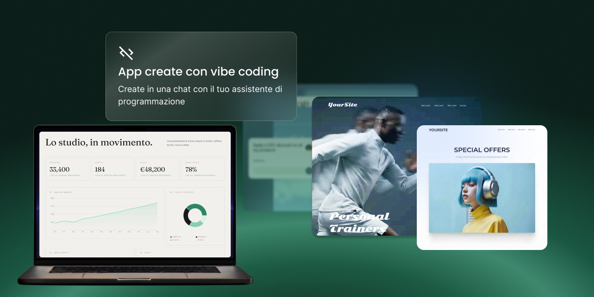 Esempi di app create in vibe coding con un assistente di programmazione una dashboard di analisi, un sito per personal trainer e una pagina di offerte.