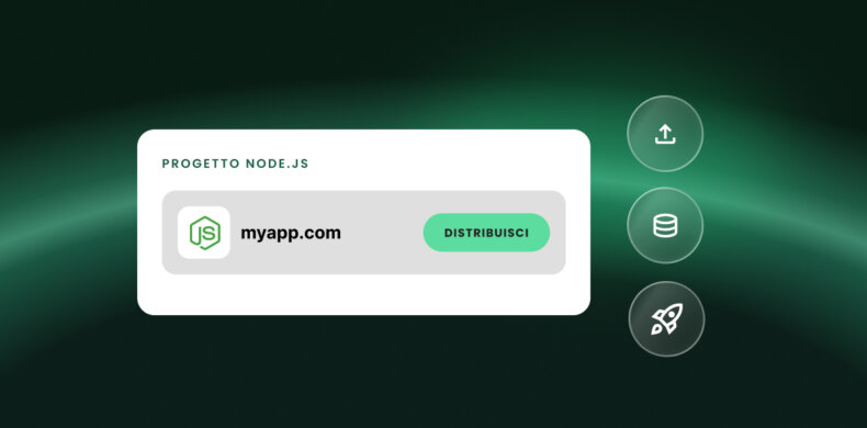 Una scheda di progetto Node.js per myapp.com con un pulsante Deploy, accanto alle icone per caricamento, database e avvio