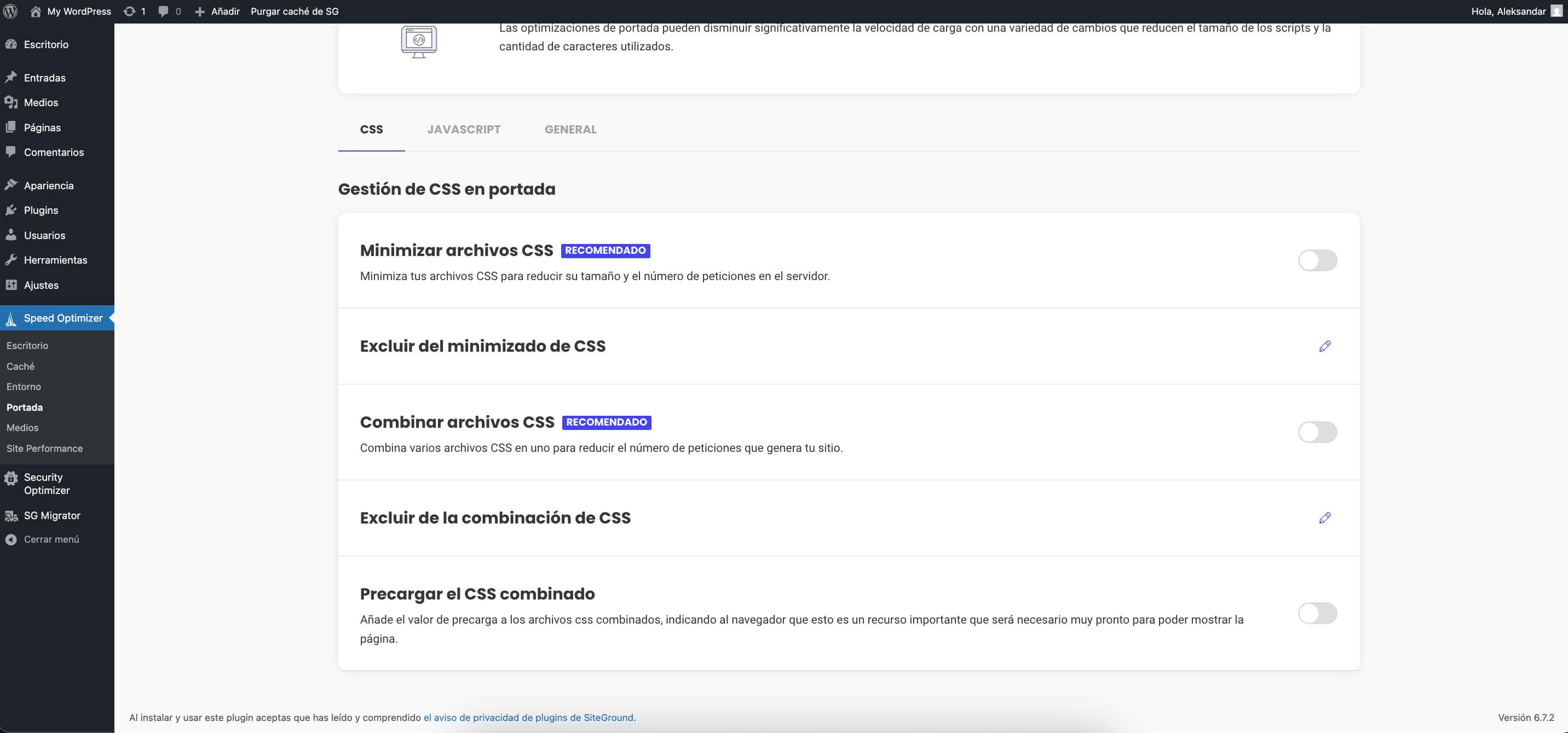 Captura de pantalla de la configuración de CSS del Speed Optimizer en el Frontend, que muestra las opciones para activar o desactivar la minificación, combinación y precarga de archivos CSS, y opciones adicionales para excluir archivos específicos de la optimización.