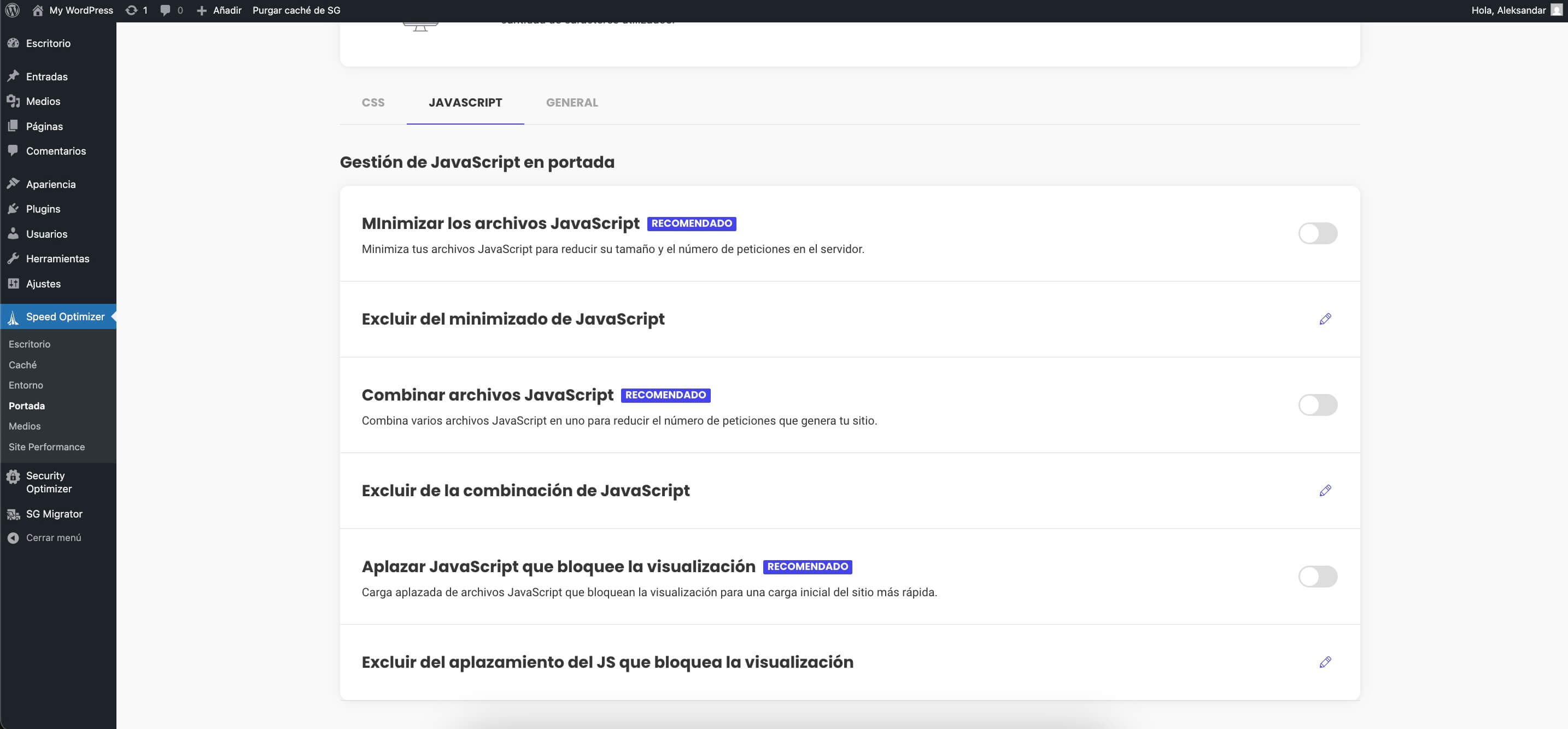 Captura de pantalla de la configuración de JavaScript del Speed Optimizer en el Frontend, que muestra las opciones para activar o desactivar la minificación, combinación y aplazamiento de archivos JavaScript, y opciones adicionales para excluir archivos específicos de la optimización.