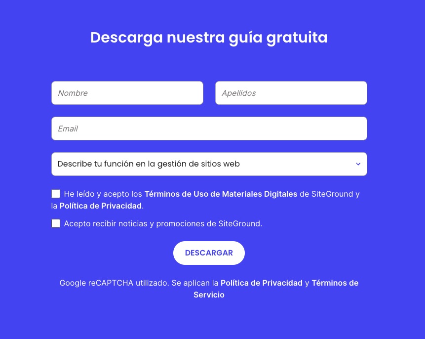 Imagen de ejemplo del formulario de una landing page