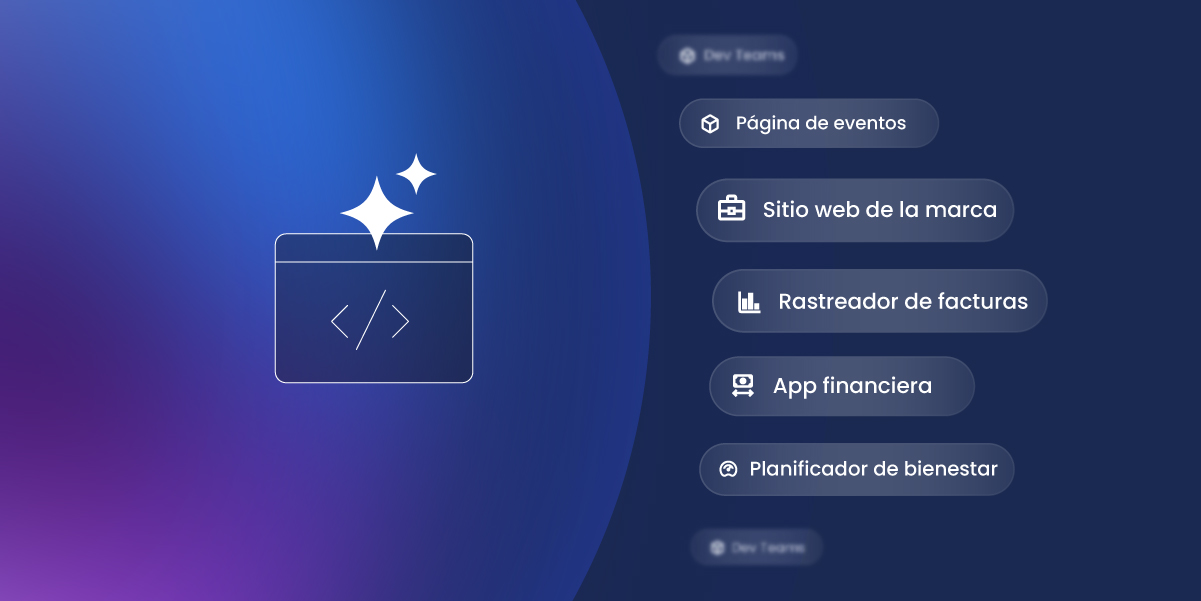 Ilustración con recuadros que representan las aplicaciones del vibe coding página de evento sitio empresarial tracker de costos app financiera y planificador personal