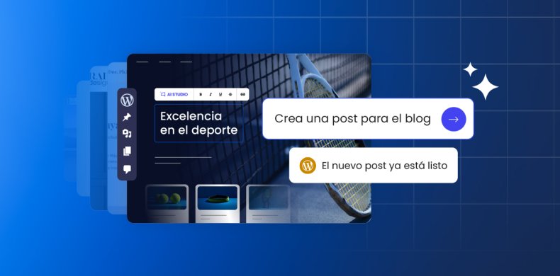 Panel de WordPress con herramientas de gestión de IA, una vista previa de un sitio web con temática deportiva y una interfaz flotante que ilustra un asistente de IA que administra múltiples sitios de WordPress.