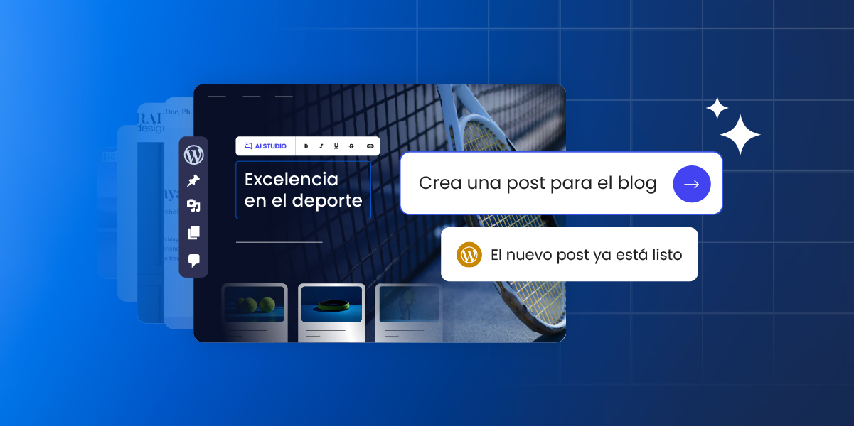 Panel de WordPress con herramientas de gestión de IA, una vista previa de un sitio web con temática deportiva y una interfaz flotante que ilustra un asistente de IA que administra múltiples sitios de WordPress.