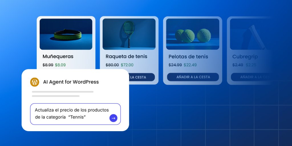 Cuadrícula de productos de accesorios de tenis en una tienda WooCommerce con precios de oferta destacados, mientras un agente de IA para WordPress actualiza el precio de venta de todos los productos en la categoría "Tenis", lo que ilustra la gestión masiva del comercio electrónico.