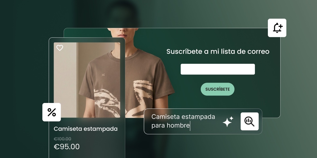 Interfaz de tienda en línea que muestra un descuento y un formulario de suscripción por correo electrónico