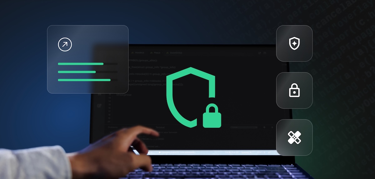 Un desarrollador trabaja en una computadora portátil que muestra código fuente del kernel con iconos de seguridad incluyendo un escudo un candado y un símbolo de parche superpuestos en color verde