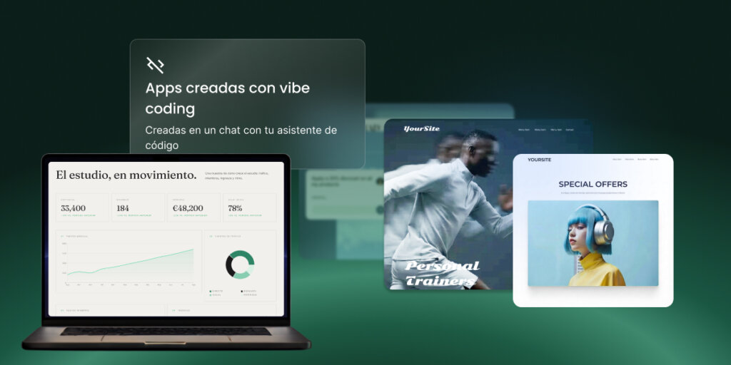 Ejemplos de apps creadas con vibe coding y un asistente de programación - un panel de analíticas, una web de entrenadores personales y una página de ofertas.