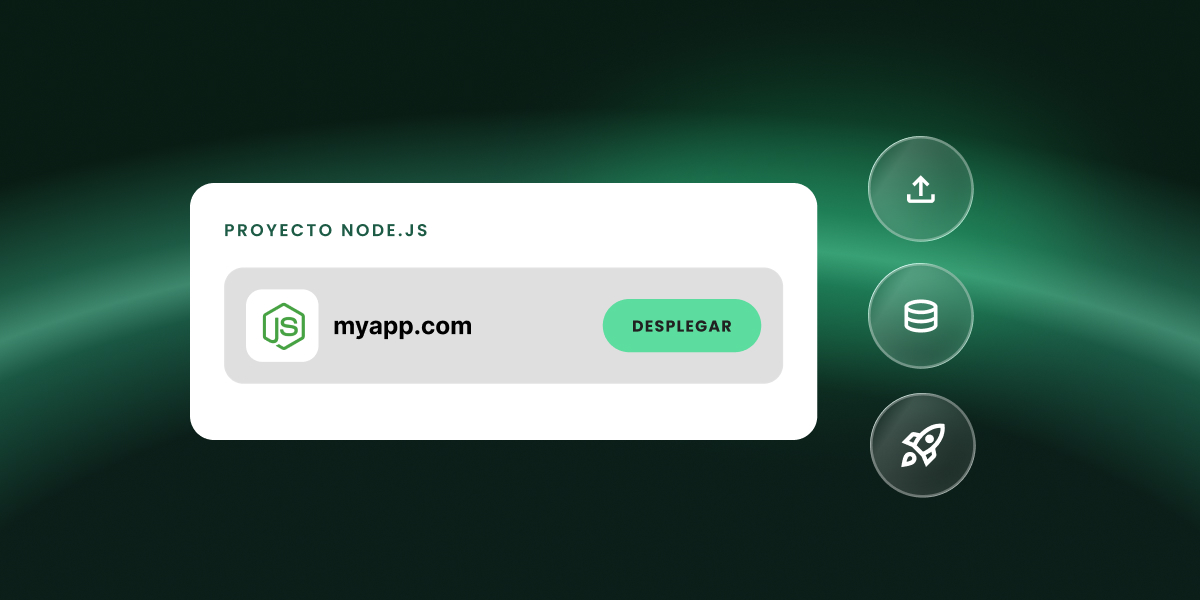 Una tarjeta de proyecto Node.js para myapp.com con un botón Deploy, junto a iconos de subida, base de datos y lanzamiento.