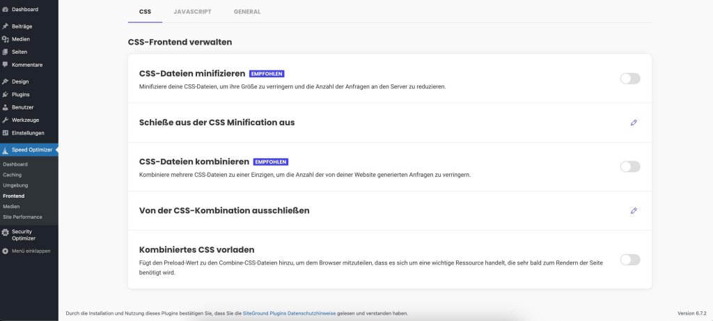 Screenshot der Speed Optimizer-Frontend-CSS-Einstellungen mit den Umschaltoptionen zum Minimieren, Kombinieren und Vorladen von CSS-Dateien sowie zusätzlichen Optionen zum Ausschließen bestimmter Dateien von der Optimierung.