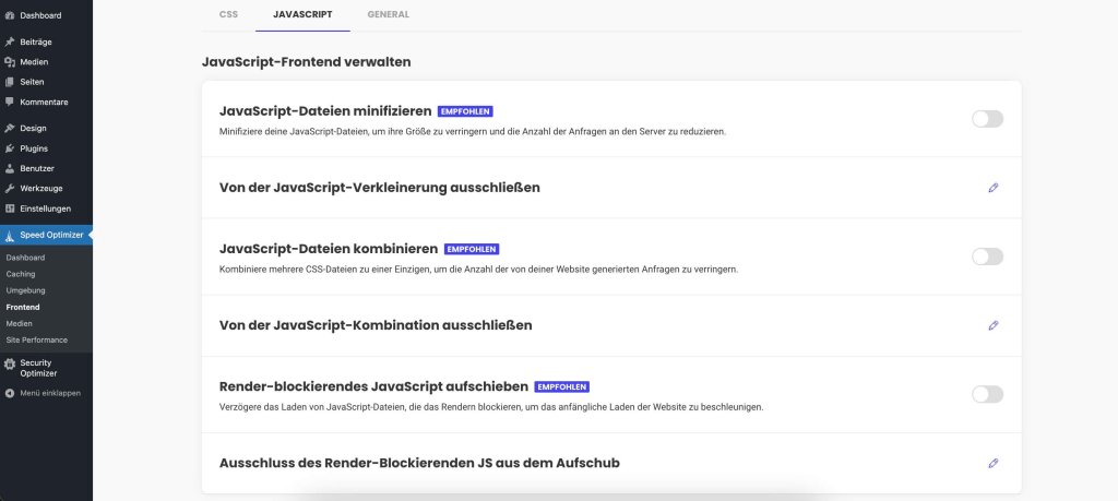 Screenshot der Speed Optimizer-Frontend-JavaScript-Einstellungen mit den Umschaltoptionen zum Minimieren, Kombinieren und Aufschieben von JavaScript-Dateien sowie zusätzlichen Optionen zum Ausschließen bestimmter Dateien von der Optimierung.