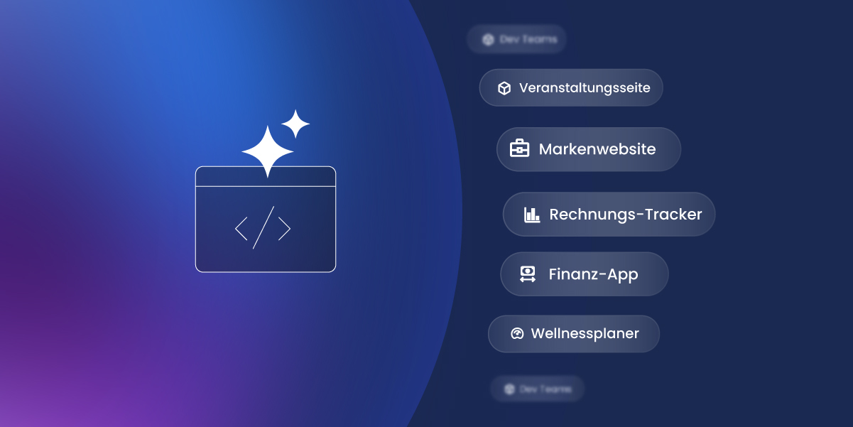 Grafik mit mehreren Boxen die Anwendungsbeispiele für Vibe Coding zeigen Veranstaltungsseite Markenwebsite Rechnungs Tracker Finanz App und Wellnessplaner
