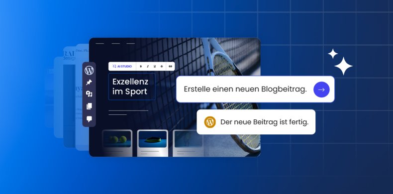 WordPress-Dashboard mit KI-Verwaltungstools, einer Website-Vorschau zum Thema Sport und einer schwebenden Benutzeroberfläche, die einen KI-Assistenten zur Verwaltung mehrerer WordPress-Websites veranschaulicht.