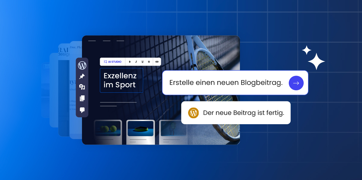 WordPress-Dashboard mit KI-Verwaltungstools, einer Website-Vorschau zum Thema Sport und einer schwebenden Benutzeroberfläche, die einen KI-Assistenten zur Verwaltung mehrerer WordPress-Websites veranschaulicht.