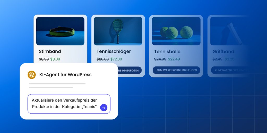 Produktraster von Tenniszubehör in einem WooCommerce-Shop mit hervorgehobenen Verkaufspreisen, während ein KI-Agent für WordPress den Verkaufspreis aller Produkte in der Kategorie „Tennis“ aktualisiert, um das Massen-E-Commerce-Management zu veranschaulichen.